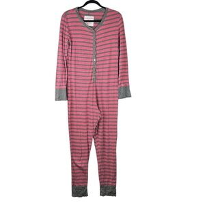 Xhilaration Pink & Gray Striped Comfy Cotton One Piece Pajamas Size Medium